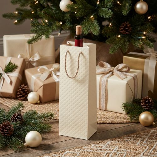 Artikel Geschenktasche für Flaschen aus Papier, Cremefarben, 12 × 9 × 36 cm, mit Satin-Tragegriffen