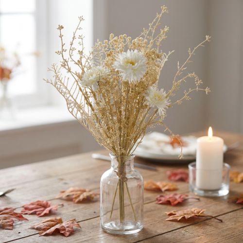 Künstlicher Blumenstrauss mit Astern und Schleierkraut in Beige und Weiss, 43 cm | Floristik24.ch