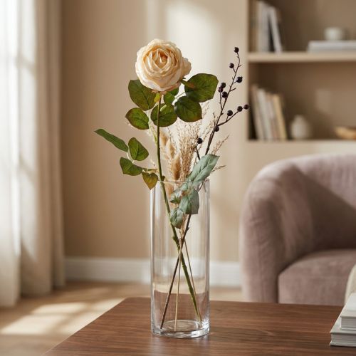 Künstliche Rose aus Seidenstoff, cremefarben, mit grünem Blattwerk, Länge 74 cm, Blütendurchmesser 7 cm | Floristik24.ch