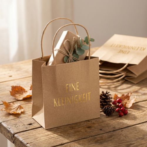 Beige Papiertüten mit Aufdruck „Eine Kleinigkeit“, 16x8 cm, Set mit 6 Stück | Floristik24.ch