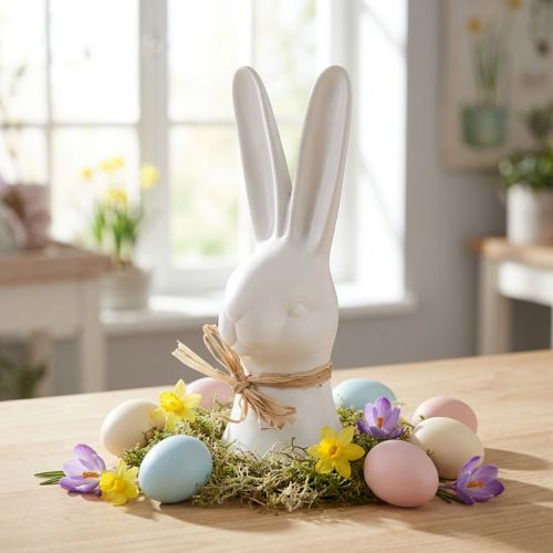 Keramik Osterhase Weiss 17 cm Hasenkopf mit Bastschleife | Floristik24.ch