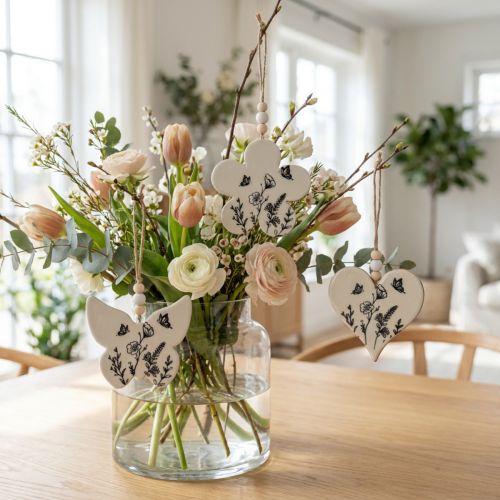 Dekohänger aus Holz Herz Blume Schmetterling 9cm Weiss Natur 3 Stück | Floristik24.ch