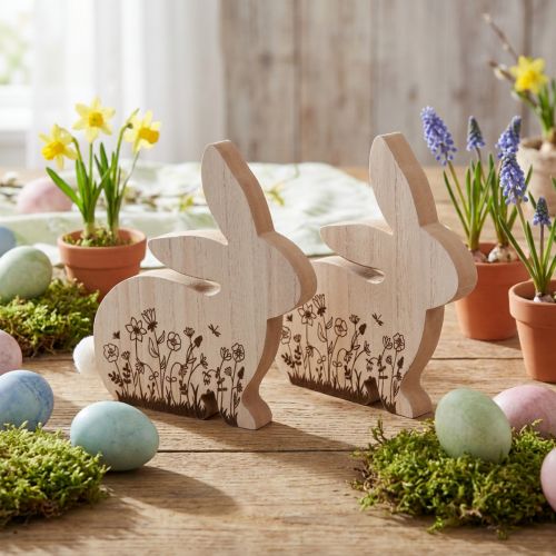 Holzhase sitzend mit Blumen-Muster Natur Weiss 24×24×2,5 cm – 2er Set | Floristik24.ch
