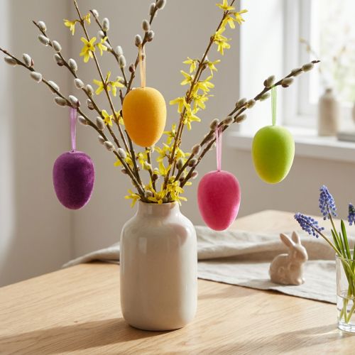 Hängedekoration Ostereier 11 cm, Beflockt, Grün, Gelb, Pink, Berry, 4er-Set | Floristik24.ch