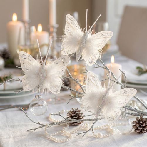 Federschmetterlinge mit Clip Weiss Glitzer 5x4,5cm 4er-Set für Dekoration | Floristik24.ch