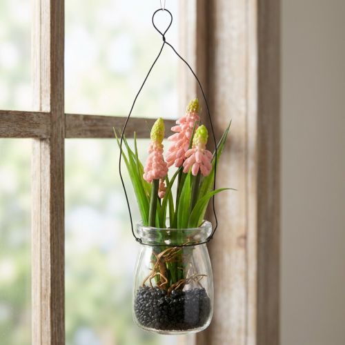 Künstliche Traubenhyazinthe Rosa im Glas 16 cm mit Drahtaufhängung | Floristik24.ch