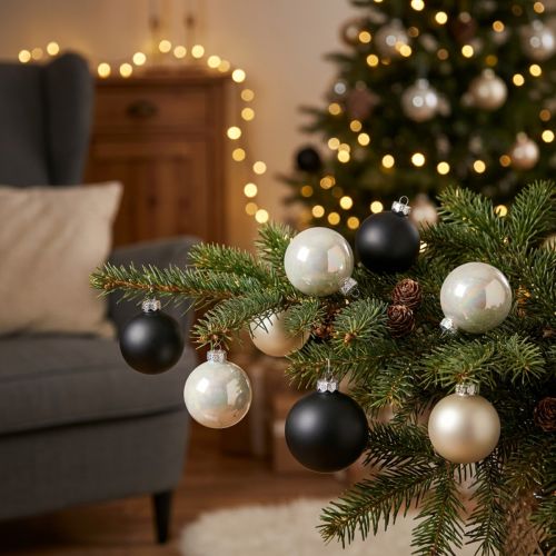 Christbaumkugeln Echtglas 6,5cm Schwarz/Silbern/Perlmutt 24 Stück | Floristik24.ch
