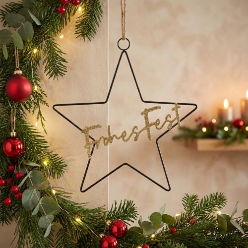Sterndekoration Metallstern Frohes Fest Schwarz Gold zum Hängen 41×39,5cm | Floristik24.ch