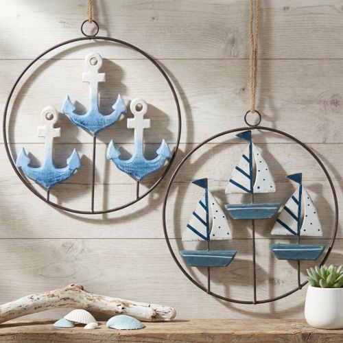 Deko-Metallringe mit Anker und Segelbooten Ø18 cm, 2 Stück, Blau-Weiss | Floristik24.ch