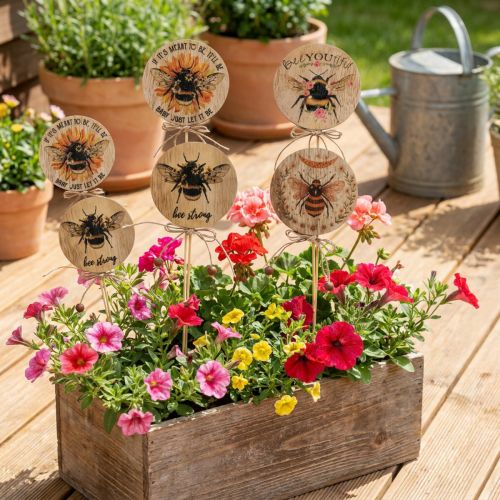 Artikel Blumenstecker Holz Biene mit Spruch 7x27,5cm Naturfarben 12 Stück