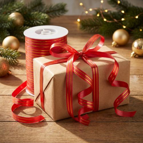 Artikel Geschenkband Rot mit Goldstreifen 250 Meter 10 mm aus Polypropylen für Geschenkverpackung
