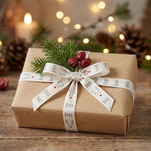 Geschenkband Baumwolle Weihnachten Ho Ho Ho 15mm x 20m Weiss | Floristik24.ch