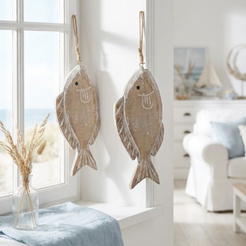 Dekohänger Holzfisch 21 cm Weiss Natur 2er-Set | Floristik24.ch