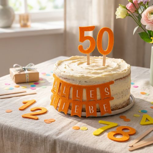 Artikel Filz-Tischdeko Geburtstag Zahlen 27,5x19,5cm Gelb/Orange 2er-Set inkl. Holzspatel