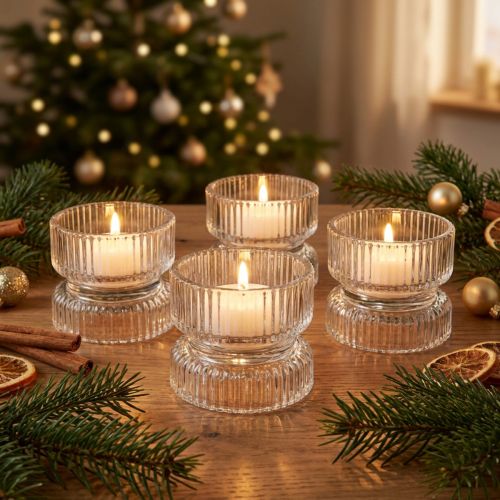 Teelichthalter Glas Geriffelt Ø9cm H7cm Klar 4er-Set | Floristik24.ch