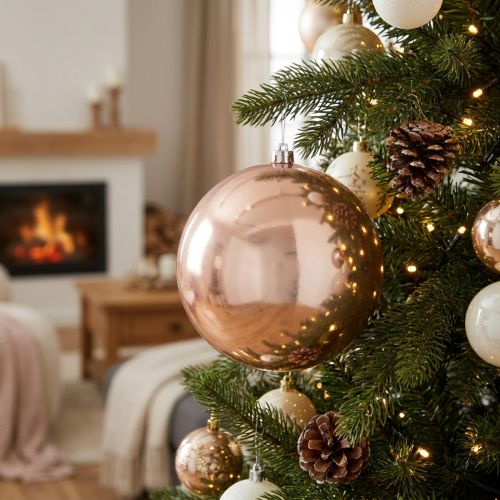 Artikel Weihnachtskugel aus Plastik, roségold, Ø 14 cm, bruchfest