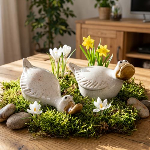 Artikel Keramik Ente Dekofigur Weiß und Gold 13cm 2er-Set für Wohnraum und Tischdekoration