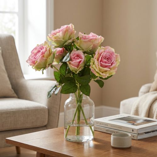 Künstlicher Rosenbusch aus Textilstoff Rosa-Grün 55cm | Floristik24.ch