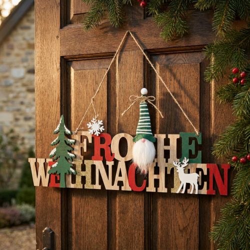 Holz-Schriftzug Frohe Weihnachten mit Wichtel 45 cm