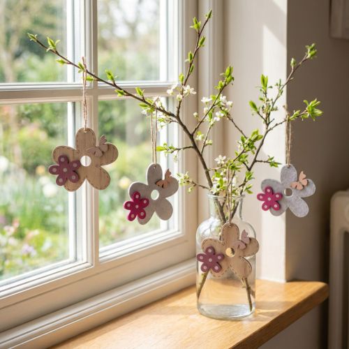 Wanddekoration Holzblume mit Schmetterling 10×9cm Rosa Weiss 8er-Set | Floristik24.ch
