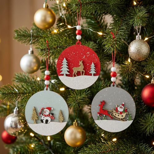 Weihnachtsanhänger aus Holz Ø 8,5 cm mit Schneemann, Santa und Reh, 6er Set | Floristik24.ch