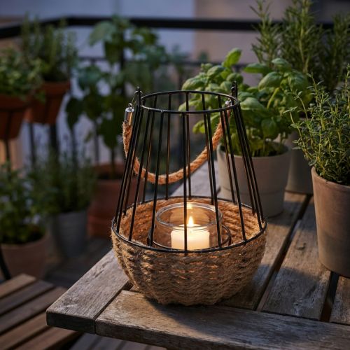 Windlicht mit Henkel aus Metall und Glas, Schwarz und Natur, Ø18 cm, H22 cm | Floristik24.ch
