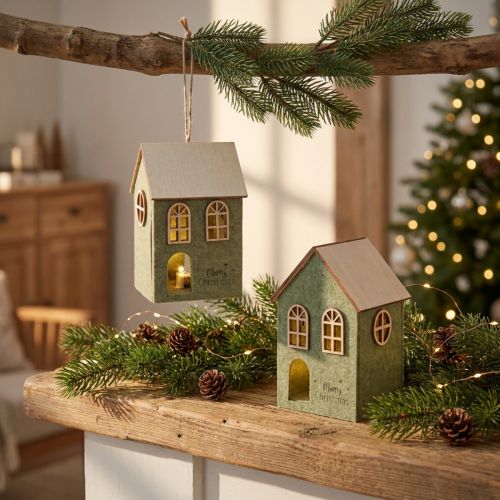 Filzhaus Christbaumschmuck mit LED Grün 2er Set | Floristik24.ch