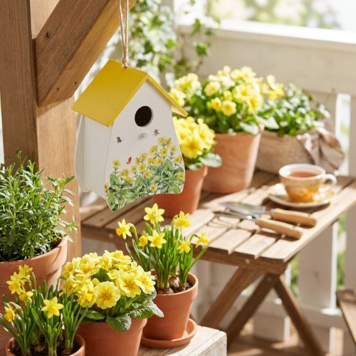 Artikel Vogelhaus aus Holz mit Blumenmotiv, Gelbem Dach, 21 cm, für Innenräume und Balkone