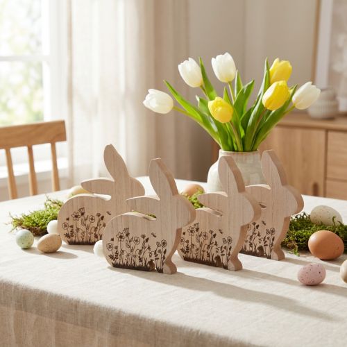 Osterdekoration Holzhasen sitzend 18,5x18cm Natur Braun mit Blumenmotiv 4er Set | Floristik24.ch