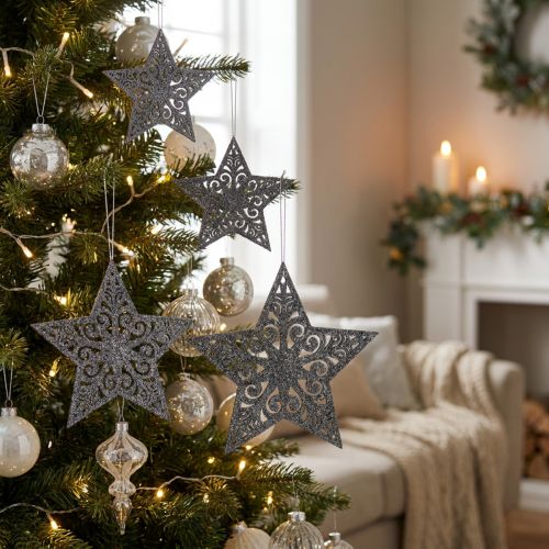 Weihnachtssterne aus Holz mit Ornamenten Silbergrau 8–12cm 9er-Set | Floristik24.ch