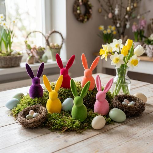 Bunte Deko-Hasen aus Kunststoff, beflockt, 13 cm, sortiert, 6 Stück | Floristik24.ch