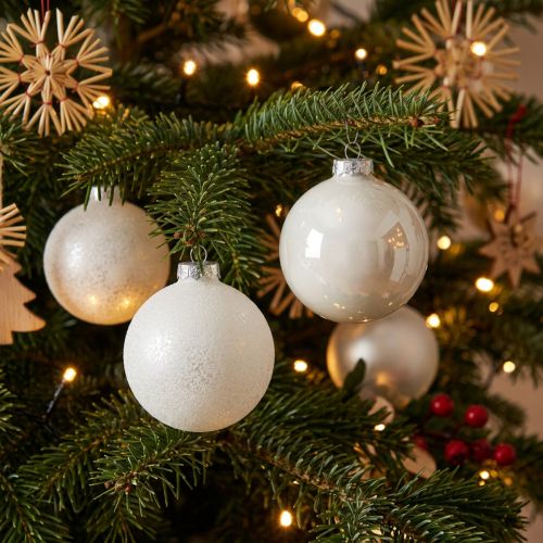 Schneekugeln aus Glas, Baumanhänger, Winterdeko Weiss, H 6,5 cm, Ø 6 cm, 24 Stück sortiert | Floristik24.ch