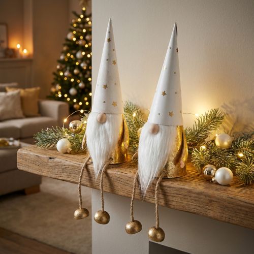 Weihnachtswichtel Deko-Figur Metall Weiss Gold 22cm