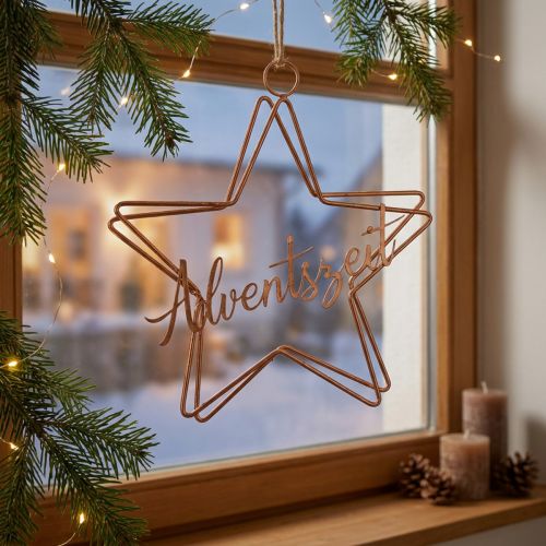 Sternanhänger aus Metall, 32×30 cm, bronzefarben, mit Jutekordel, Schriftzug Adventszeit | Floristik24.ch