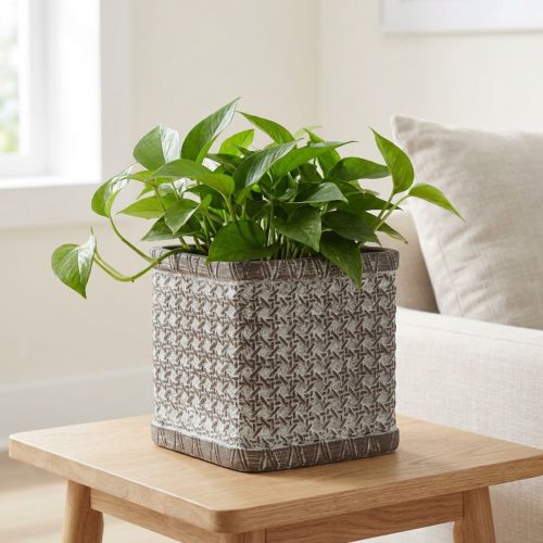 Keramik Übertopf quadratisch 12×12×12 cm braun-weiss mit Flechtmuster | Floristik24.ch