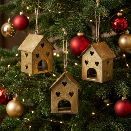 Weihnachtsanhänger Metallhäuser mit Herzmotiv Gold 9,5cm 3 Stück | Floristik24.ch