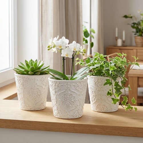 Keramik Übertopf Set Weiss Ø11cm H11cm – Florales Design – 3 Stück | Floristik24.ch