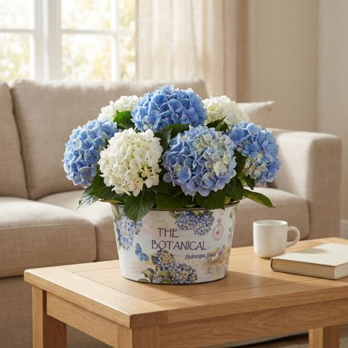 Runder Kunststoff-Übertopf Hortensien-Design Ø21cm H11cm für Dekoration | Floristik24.ch