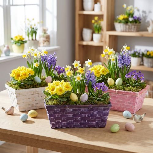 Rechteckige Pflanzkörbe aus Holzspan mit Pflanzfolie, 25x12x9,5 cm, Lila/Weiss/Rosa, 6 Stk | Floristik24.ch