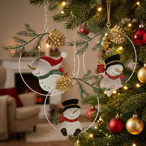 Weihnachtsanhänger Schneemann 3er Set Metall Ø14 cm Weiss Rot Grün | Floristik24.ch