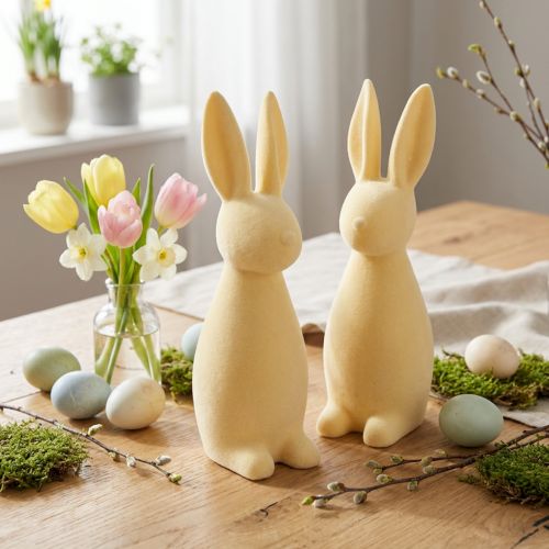 Deko Hasen aus Kunststoff – Beflockt Hellgelb – 29,5 cm – 2er Set – Osterdekoration | Floristik24.ch