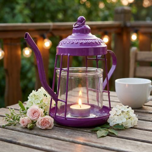 Artikel Teelichthalter Glas Windlicht Teekanne Pink Metall Ø15cm H26cm