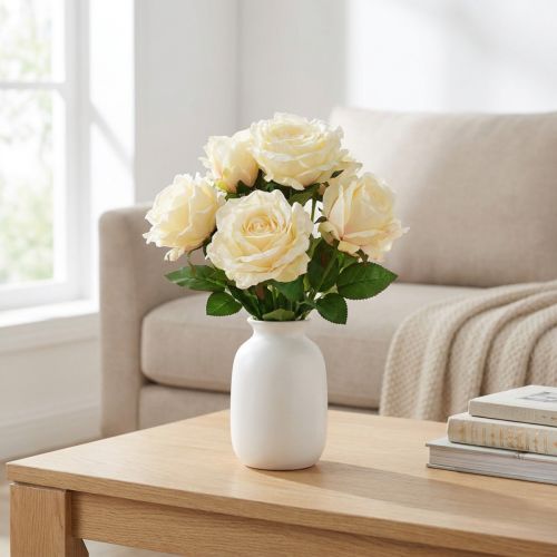 Artikel Künstlicher Rosenstrauss aus Seidenstoff, Creme-Gelb, 54 cm
