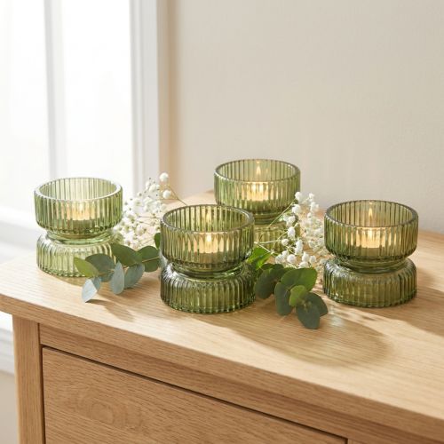 Teelichthalter Glas geriffelt Grün Ø9cm H7cm 4er-Set | Floristik24.ch