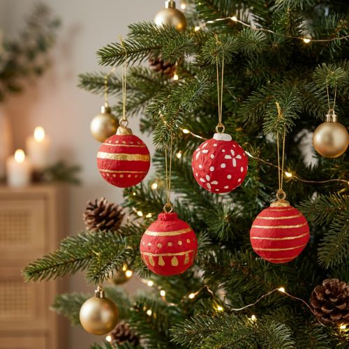 Set aus 4 roten Pappmaché-Weihnachtskugeln mit goldenen Ornamenten, 5,5 cm | Floristik24.ch