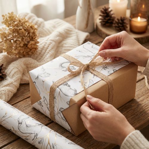 Artikel Geschenkpapier mit Tiermotiven, 200 cm x 70 cm, Weiss Grau Gold, für Herbst- und Winterdekoration