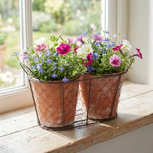 Keramik-Blumentopf mit Drahtkorb Braun L38,5cm
