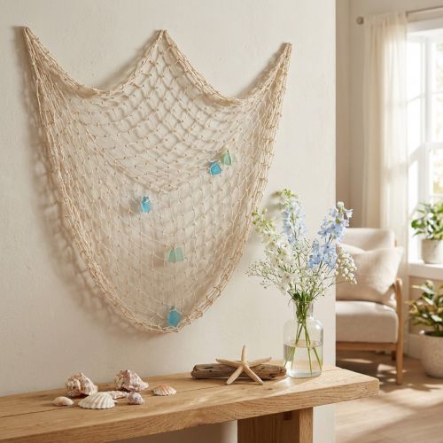 Fischernetz aus Baumwolle mit Muscheln und Seeglas 100×140 cm Beige | Floristik24.ch