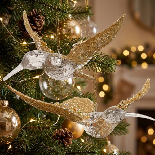 Christbaumschmuck Kolibri Anhänger 2er-Set, Kunststoff, Transparent/Gold, 11,5/14 cm | Floristik24.ch