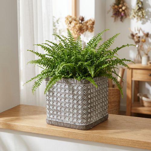 Keramik Blumentopf quadratisch 15×15×15cm Braun-Weiss geflochtenes Design | Floristik24.ch